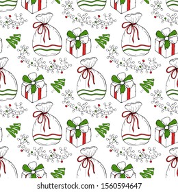 Seamless pattern with green Christmas tree, bags, gift box, sweets and garland on the white background. Traditional New Year decoration. Symbol of Christmas.