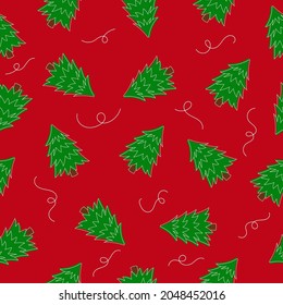 Seamless pattern of green Christmas tree on red background. Pine tree. Line art. Doodle style. Vector illustration