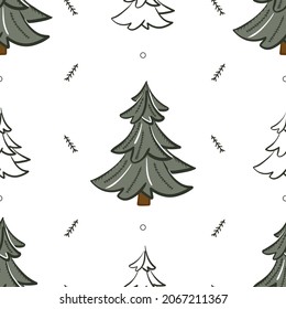 Seamless pattern with green Christmas tree and decorative geometric elements. Flat vector holiday background for wrapping paper