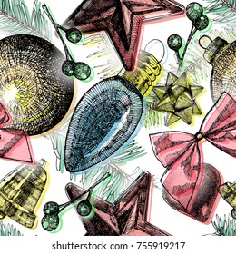 Seamless pattern with green Christmas tree twigs and shiny winter decorative bubbles and toys.  Christmas pattern. Vector.