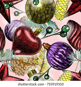Seamless pattern with green Christmas tree twigs and shiny winter decorative bubbles and toys.  Christmas pattern. Vector.