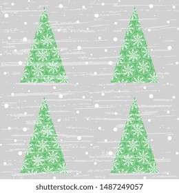 Seamless pattern with green Christmas trees with snowflakes on a gray background, textured, artistic. Vector illustration for textile, surface, packaging, packaging design.