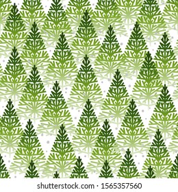 Seamless pattern with green Christmas trees forest on white background