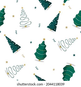 Seamless pattern with green christmas trees. Winter print. New year design for cards, backgrounds, fabric, wrapping paper. Vector illustration in flat cartoon style.