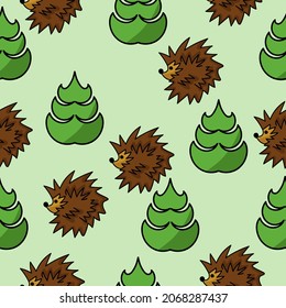 Seamless pattern of green Christmas trees and hedgehogs, thorny animals and trees on a light green background vector illustration