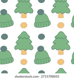 Seamless pattern of green Christmas trees and hats on a white background
