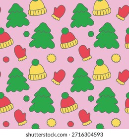 Patrón sin fisuras de árboles de Navidad verdes, sombreros y guantes sobre un fondo rosa
