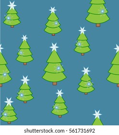 Seamless pattern green Christmas trees with white snowflakes on the blue background. Can be used to create paper for wrapping gifts, wallpaper for children's rooms and fabrics, home textiles 
