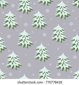 Seamless pattern of green Christmas trees and snowflakes on a gray background