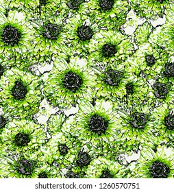 Seamless pattern with green chrysanthemum flowers