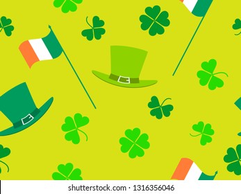 Seamless pattern with green clover leaves, Irish flag and leprechaun hat. Patrick's Day background with shamrock. Vector illustration