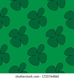 Seamless pattern with green clover leaves. Modern background with repeating elements of shamrock for packaging, printing, fabric. Vector illustration