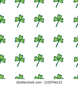 Seamless pattern with green clover leaves on white background. Vector illustration, flat design. Symbol of good luck, charm.