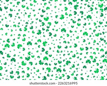 Seamless pattern with green clover leaves on a white. Festive background for Saint Patrick's Day. Green clover leaves for good luck. Design for print, postcards and printing. Vector illustration