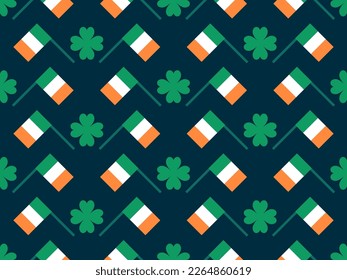 Patrón sin foco con hojas de trébol verdes y banderas de Irlanda. Antecedentes festivos del Día de San Patricio. Diseño para papel impreso, papel pintado y papel envolvente. Ilustración del vector