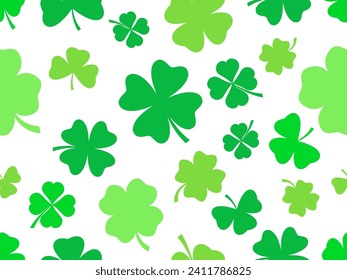 Seamless pattern with green clover leaves on a white. Festive background for Saint Patrick's Day. Green clover leaves for good luck. Design for print, postcards and printing. Vector illustration