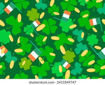 Seamless pattern with green clover leaves, Irish flag and gold coins for St. Patrick's Day. Symbols of the Irish holiday. Design for wallpaper, banner and cover. Vector illustration