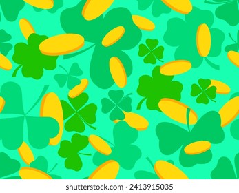 Seamless pattern with green clover leaves and gold coins for St. Patrick's Day. Symbols of the Irish holiday. Festive design for wallpaper, banner and cover. Vector illustration