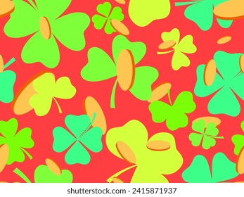 Seamless pattern with green clover leaves and gold coins for St. Patrick's Day. Symbols of the Irish holiday. Festive design for wallpaper, banner and cover. Vector illustration