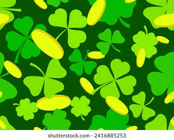 Seamless pattern with green clover leaves and gold coins for St. Patrick's Day. Symbols of the Irish holiday. Festive design for wallpaper, banner and cover. Vector illustration