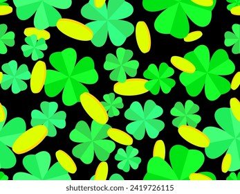 Seamless pattern with green clover leaves and gold coins for St. Patrick's Day. Symbols of the Irish holiday. Festive design for wallpaper, banner and cover. Vector illustration