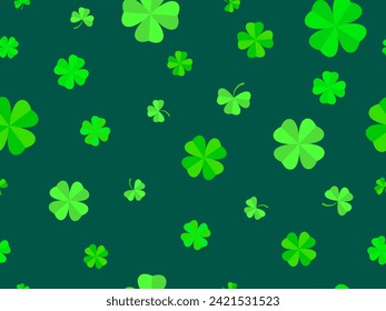 Seamless pattern with green clover leaves for St. Patrick's Day. Trefoil and four-leaf clover is a symbol of good luck. Design for promotional products, cards and prints. Vector illustration