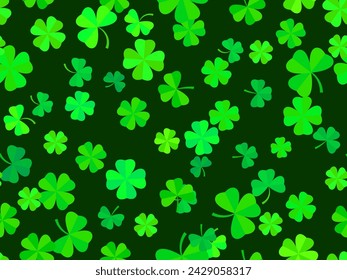 Seamless pattern with green clover leaves for St. Patrick's Day. Trefoil and four-leaf clover is a symbol of good luck. Design for promotional products, cards and prints. Vector illustration