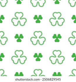 Seamless pattern of green clover leaves isolated on white background for Saint Patrick's Day.