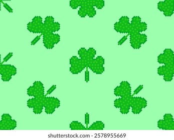 Seamless pattern with green clover leaves in pixel art style for St. Patrick's Day. Shamrock pixel art in 8-bit retro video game style from 80s - 90s. Design for banner and poster. Vector illustration