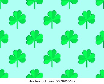 Seamless pattern with green clover leaves in pixel art style and 3d for St. Patrick's Day. Pixel art shamrock in the style of 8-bit retro graphics of the 80s - 90s. Vector illustration