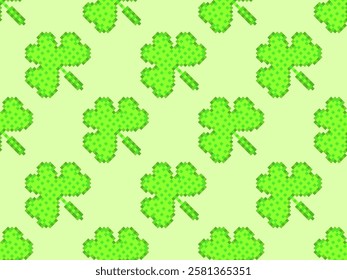 Seamless pattern with green clover leaves in pixel art style for St. Patrick's Day. Shamrock pixel art in 8-bit retro video game style from 80s - 90s. Design for banner and poster. Vector illustration