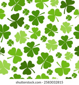 Seamless pattern with green clover leaves on white background. Festive background for St. Patrick's Day. Vector.