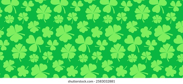 Seamless pattern with green clover leaves on a green background. Festive background for St. Patrick's Day. Vector.