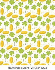 Seamless pattern with green clover leaves and shiny golden coins. St. Patrick’s Day background with lucky elements