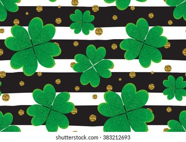 Seamless pattern with the green clover leaves, gold glitter textured polka dots, stripes.