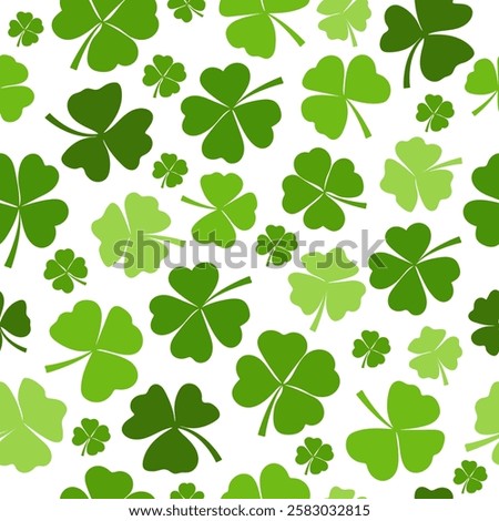 Seamless pattern with green clover leaves on white background. Festive background for St. Patrick's Day. Vector.