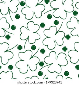 Seamless pattern green clover on white. Vector illustration, background for St. Patrick's Day 