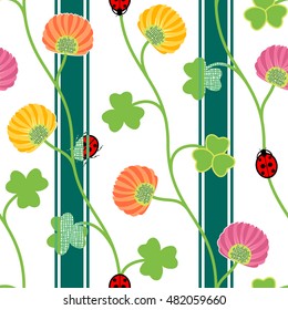 Seamless pattern with green clover shamrock ladybugs and ribbons on a white background Vector illustration