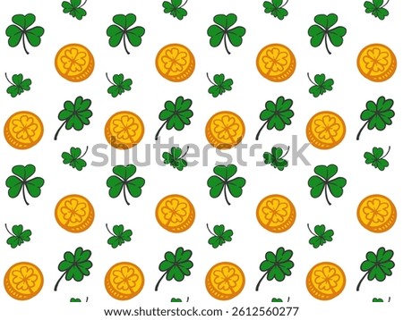 Seamless Pattern of green clovers and golden coins on a white background, ideal for St. Patrick’s Day projects, gift wrap, cards, fabric, and digital decor.