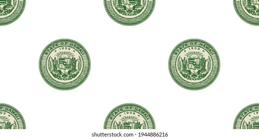 Seamless pattern. Green coat of arms of the American State of Hawaii made of thin lines, staggered against a white background