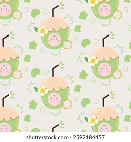 seamless pattern green coconuts with expressive faces, delicate floral accents, and coconut halves.