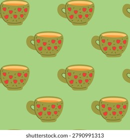 Seamless Pattern with Green Coffee Cups Decorated with Red Tulips on Soft Green Background