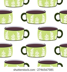 Seamless pattern with green coffee mug. Doodle ceramic cup print.
