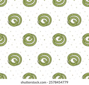 Seamless pattern with green coiled snake and magical abstract Y2K figures, stars on transparent background. Perfect for fabric design, packaging, astrology, wrapping paper. Vector Illustration in flat