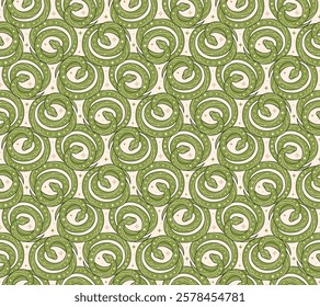 Seamless pattern of green coiled snakes and abstract Y2K figures, stars.. Perfect for fabric design, packaging, astrology, wrapping paper. Vector Illustration in flat style