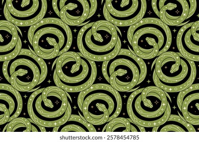 Seamless pattern of green coiled snakes on black background.. Perfect for fabric design, packaging, astrology, wrapping paper. Vector Illustration in flat style