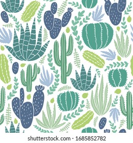 Сactaceous seamless pattern in green colors. Cacti and succulents print on white background for wrapping paper, textile etc. Flat plants from desert.