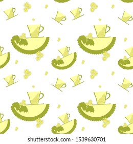Seamless pattern in green colors - cups with camomile flowers