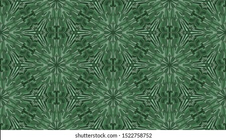 Seamless pattern. Green colors. Malachite pattern. Six-sided figures. Snowflakes.