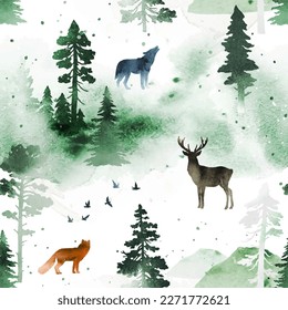 Seamless pattern with green coniferous forest and animals. Vector silhouette of firs, pines, deer, fox, wolf and birds isolated on white background